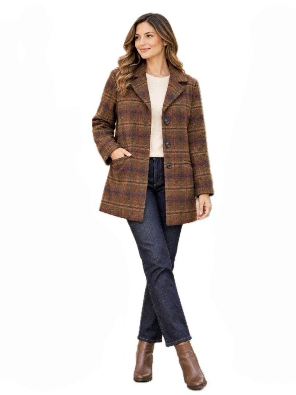 Annex Plaid Pea Coat Brown Blue Size 12 Like New
